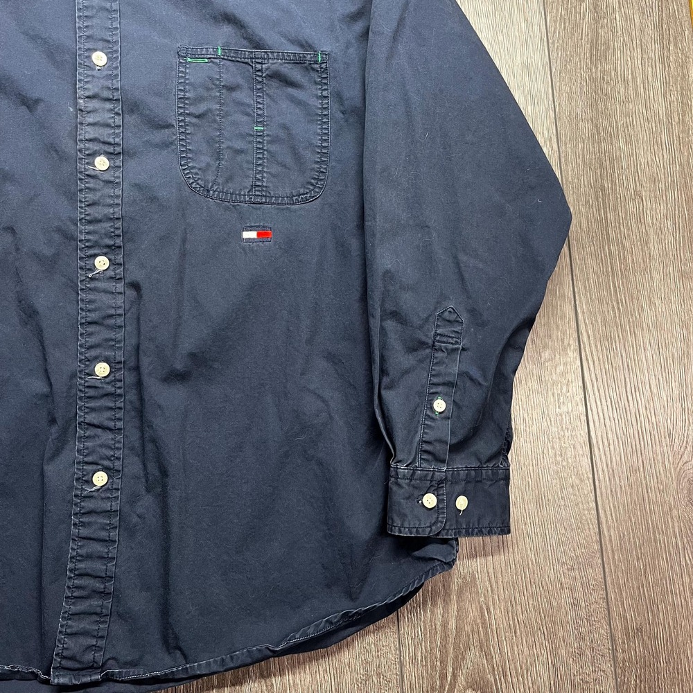 Vintage Tommy Hilfiger Solid Blue Navy Button Up Shirt Preppy XL Flag - Picture 3 of 9